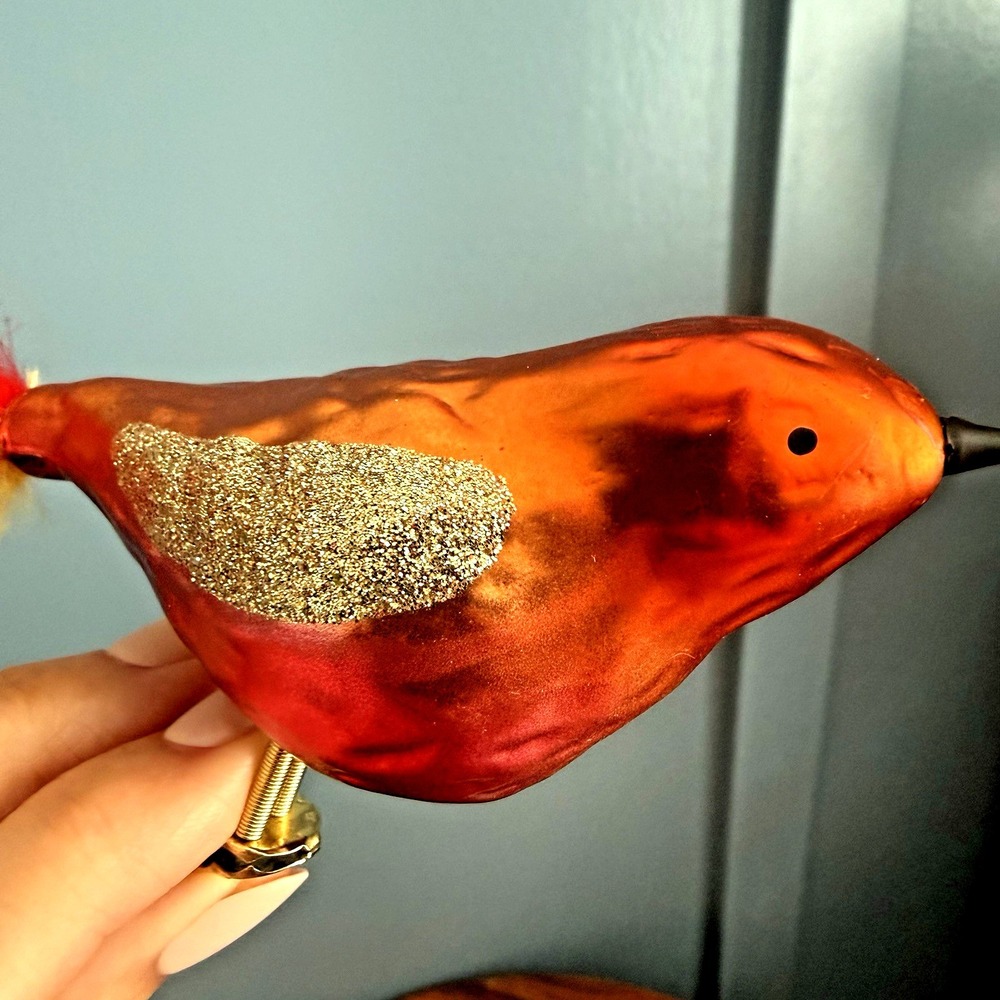 Vintage Glass Clip On Bird Ornaments 4 Cardinal Feather Tail Glitter German F/W - Picture 4 of 11